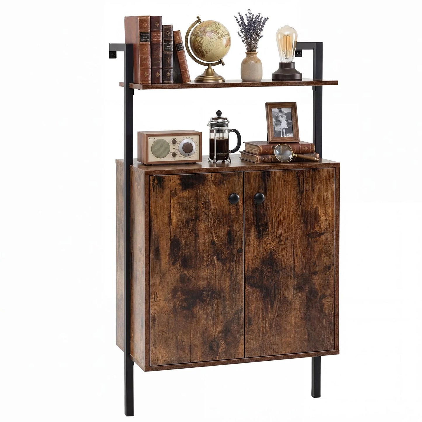 Wall Mounted Bookshelf with 2-Doors Cabinet, 4-Tier Wall Storage Bookcase Shelving Unit