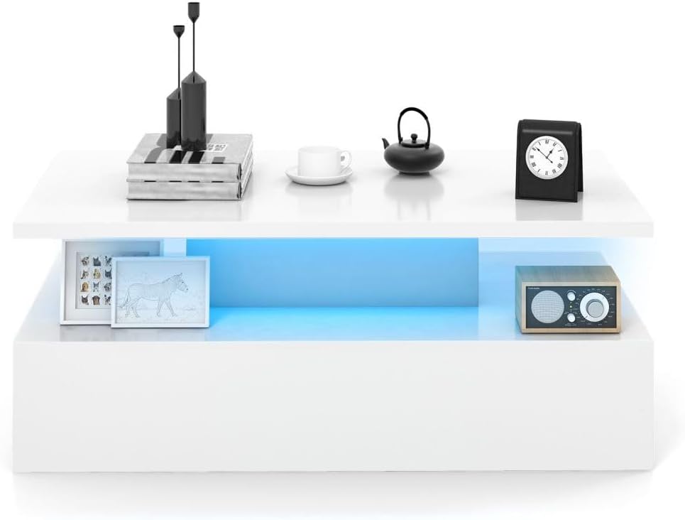 LED Coffee Table, 2 Tier Cocktail Center Table with Adjustable Light Colors