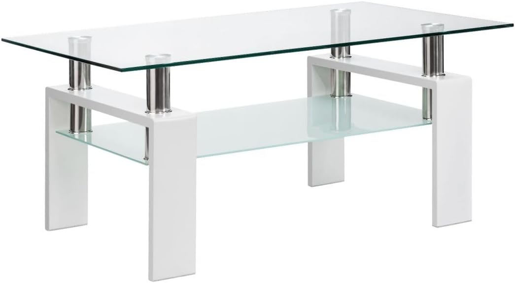 2-Tier Coffee Table, Tempered Glass Rectangle Sofa Side Table