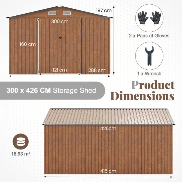 426 cm x 300 cm Outdoor Storage Shed Large Garden Tool House