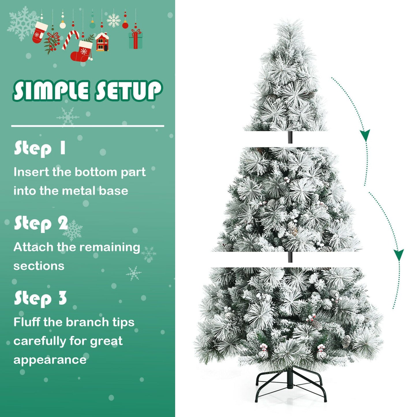 Snow Flocked Christmas Tree with 652 Branches and Berries