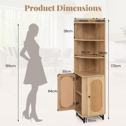 172 cm Tall PE Rattan Corner Cabinet with 2 Doors and 4 Open Shelves