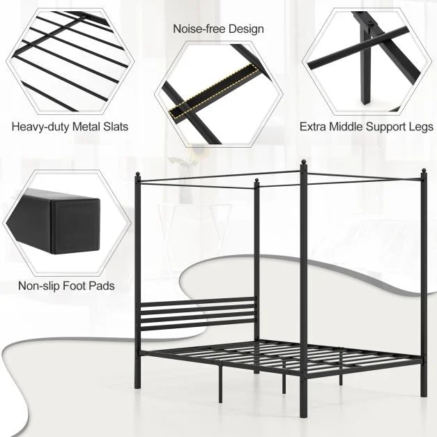 4-Poster Metal Platform Bed with Headboard and Under-Bed Storage