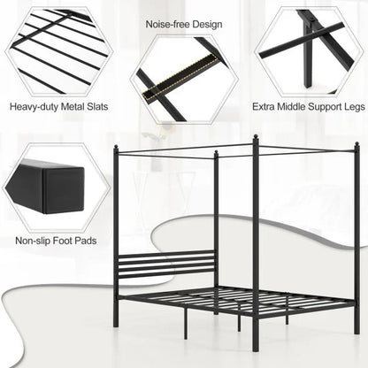 4-Poster Metal Platform Bed with Headboard and Under-Bed Storage