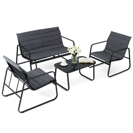 4 Pieces Patio Conversation Set with Cushions and Tempered Glass Coffee Table