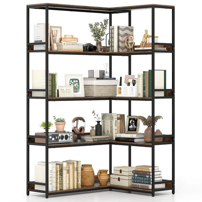 5-Tier Corner Bookshelf with Metal Frame for Living Room