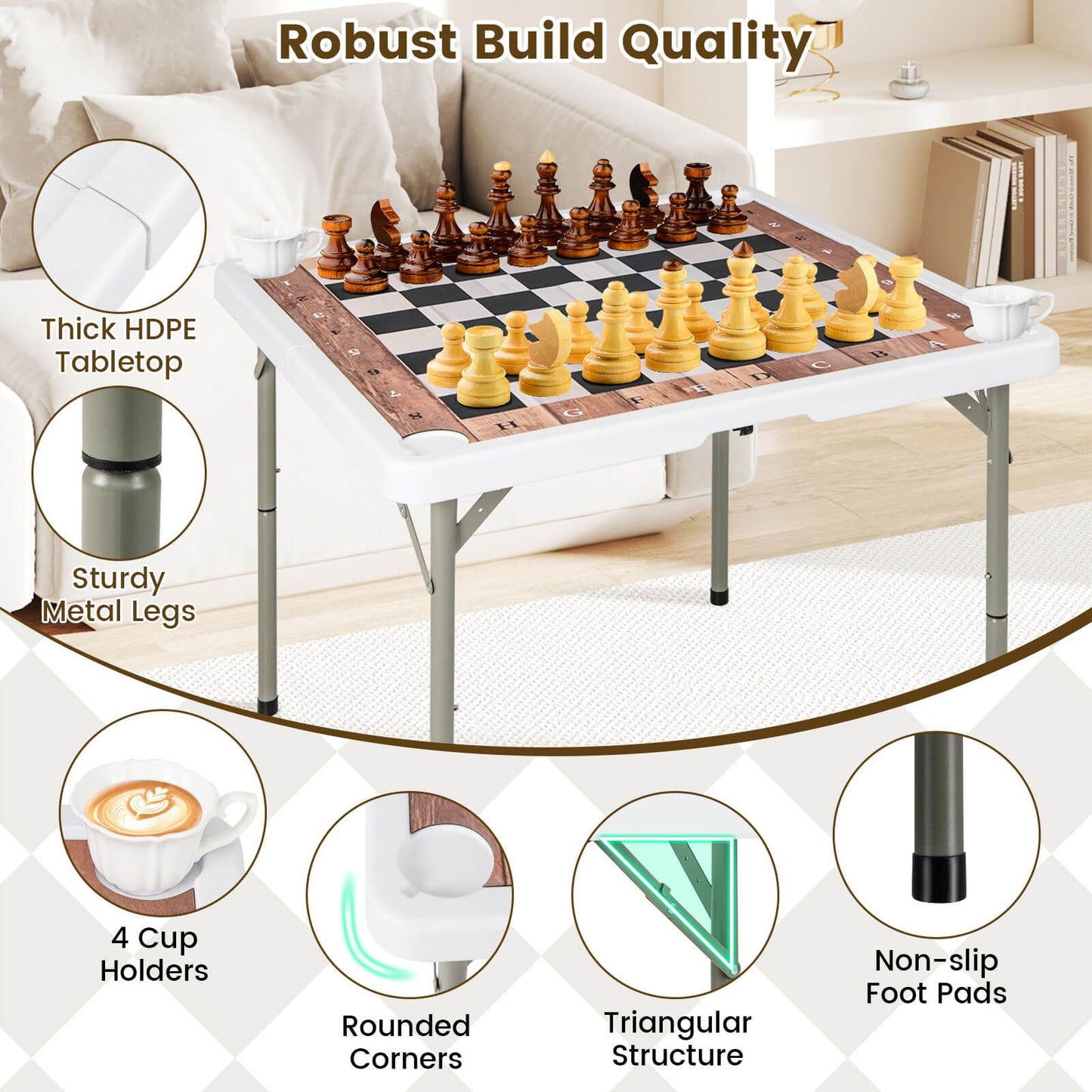90 CM Folding Chess Table with Removable Table Mat