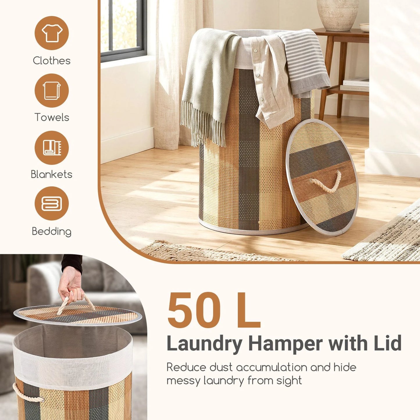 50 L 3-handle Laundry Hamper with Removable and Machine-Washable Liner for Blankets
