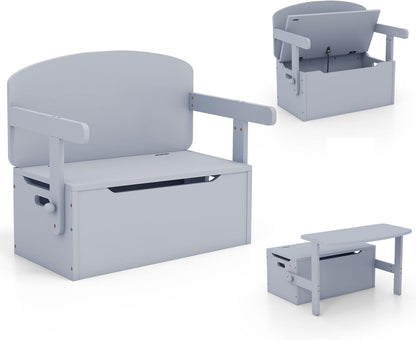 3 in 1 Toddler Table and Chair Set, Convertible Kids Bench Storage Chest with Safety Hinge