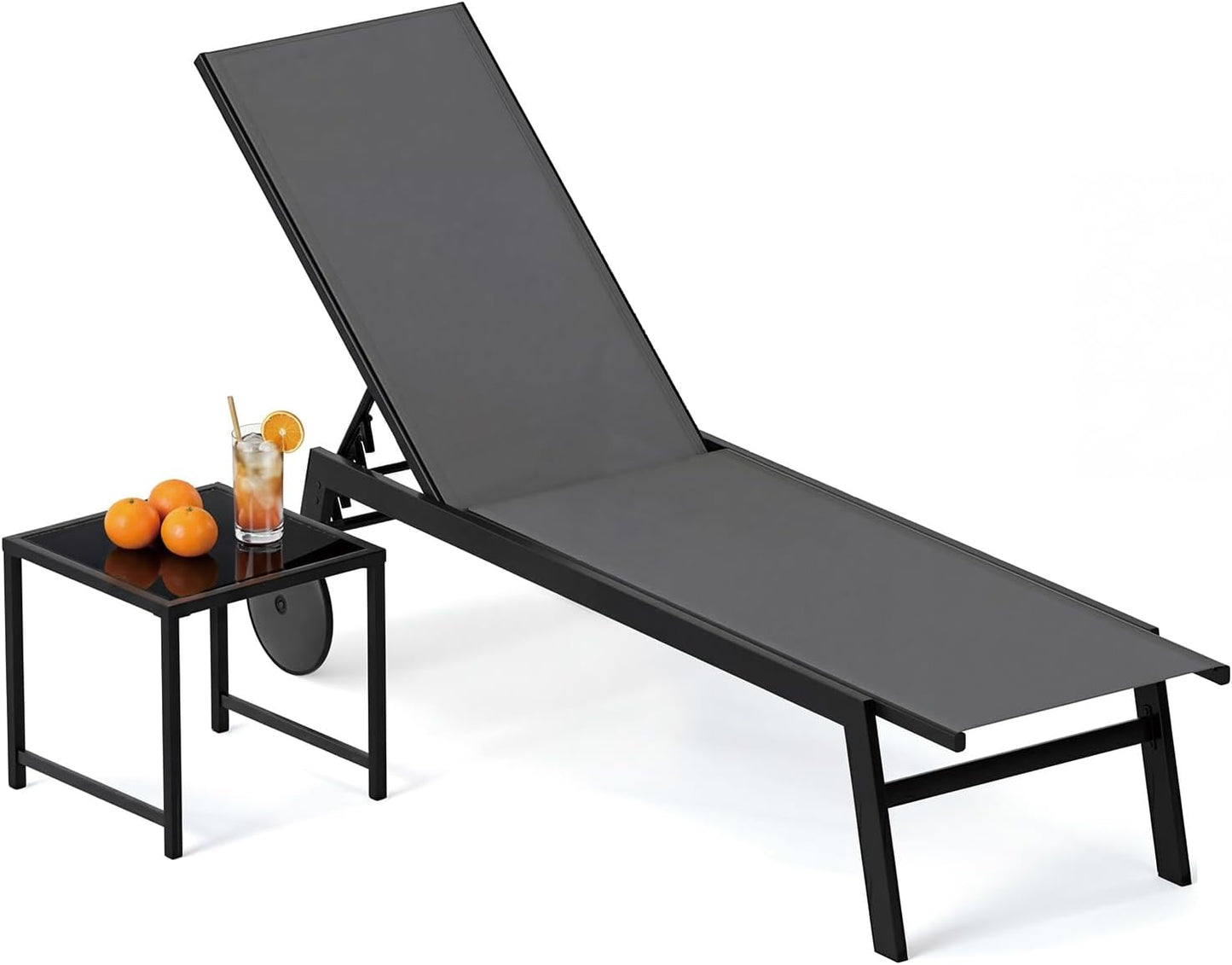 Patio Chaise Lounge Chair with Wheels Outdoor Recliner with 6-Level Adjustable Backrest