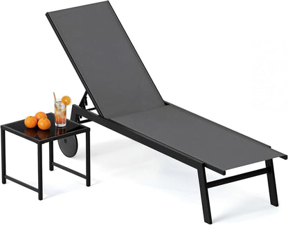 Patio Chaise Lounge Chair with Wheels Outdoor Recliner with 6-Level Adjustable Backrest