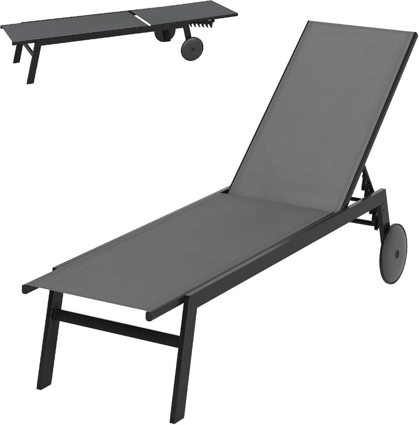 Patio Chaise Lounge Chair with Wheels Outdoor Recliner with 6-Level Adjustable Backrest