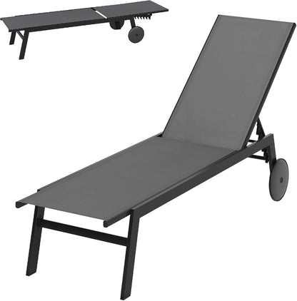 Patio Chaise Lounge Chair with Wheels Outdoor Recliner with 6-Level Adjustable Backrest