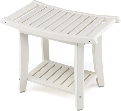 2-Tier Slatted Spa Bath Stool with Storage Shelf & Handles