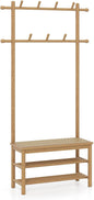 Bamboo Coat Rack PE Rattan Hall Tree with Bench and Shoe Storage