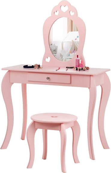 Kids Vanity Table and Stool 2 in 1 with Removable Mirror and Drawer