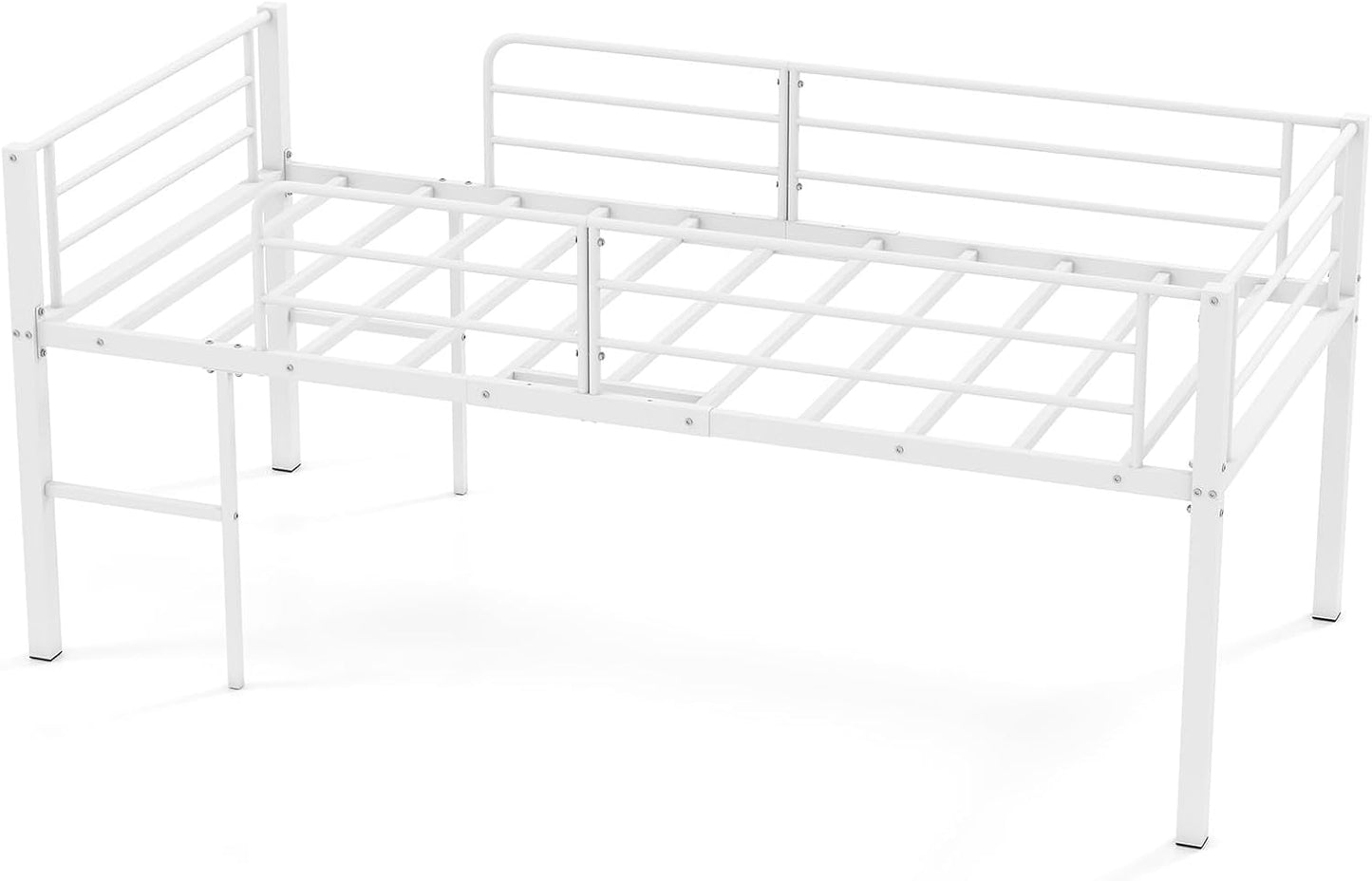 Single Size Low Loft Bed Metal Bed Frame with Safety Guardrails and 2 Ladders