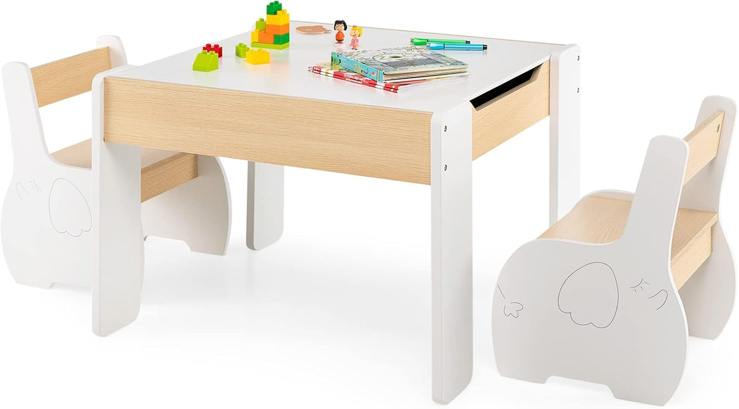 Wooden Kids Table and Chair Set with Hidden Storage