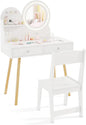 Wooden Kids Vanity Set with Lighted Mirror, Hooks and Storage Drawers
