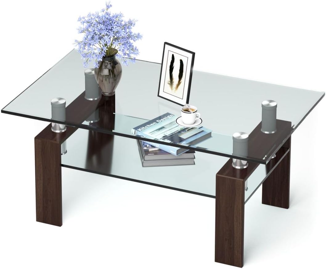 2-Tier Coffee Table, Tempered Glass Rectangle Sofa Side Table