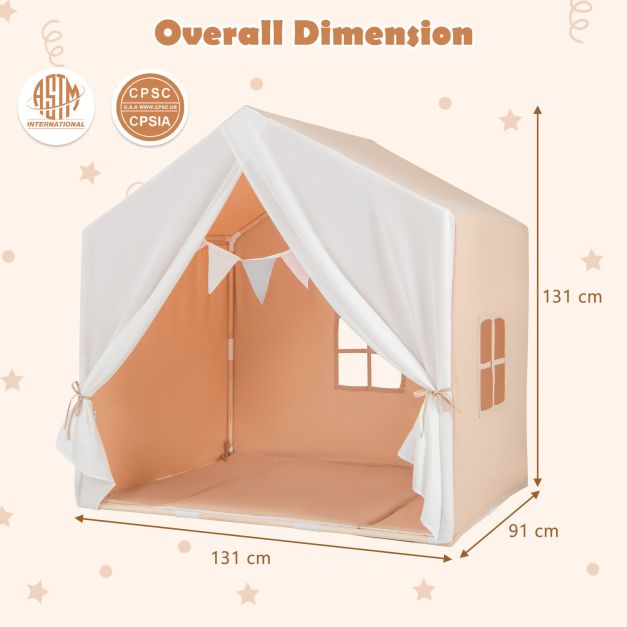 Large Kids Play Tent with Washable Cotton Mat and Flag Banner