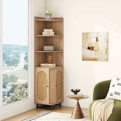 172 cm Tall PE Rattan Corner Cabinet with 2 Doors and 4 Open Shelves