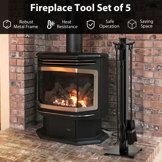 5 Pieces Fireplace Tools Set with Poker and Base Stand Holder