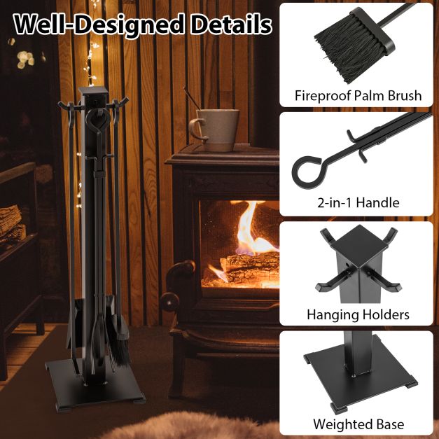 5 Pieces Fireplace Tools Set with Poker and Base Stand Holder
