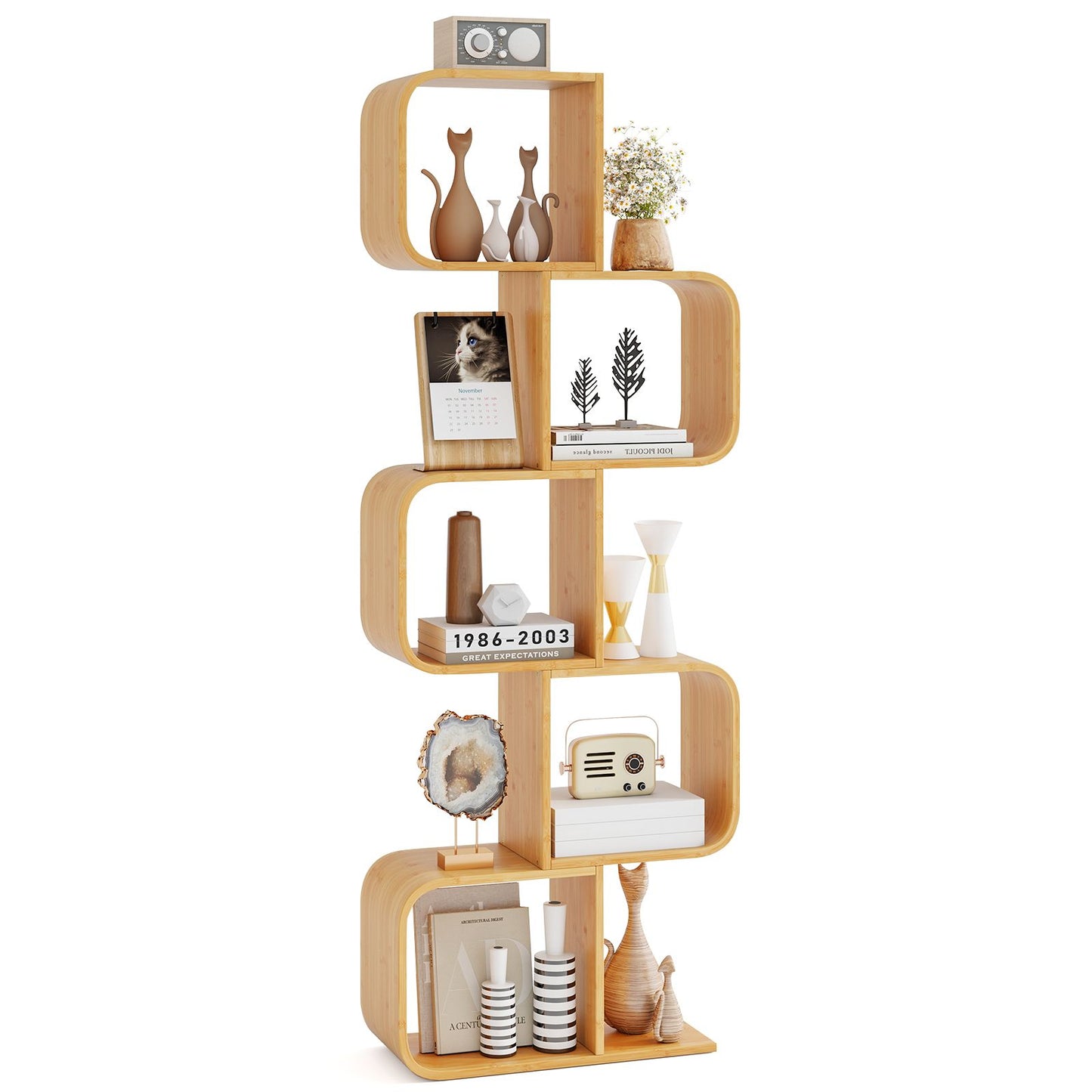 S Shaped Bookcase Bamboo Bookshelf Decorative Storage Organizer