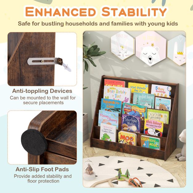 5-Tier Wooden Toddler Book Shelf Stand with Deep Compartments