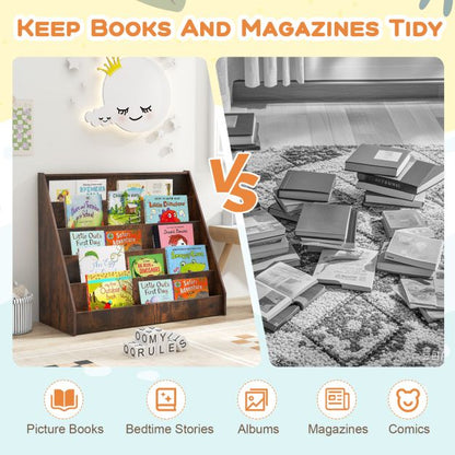 5-Tier Wooden Toddler Book Shelf Stand with Deep Compartments
