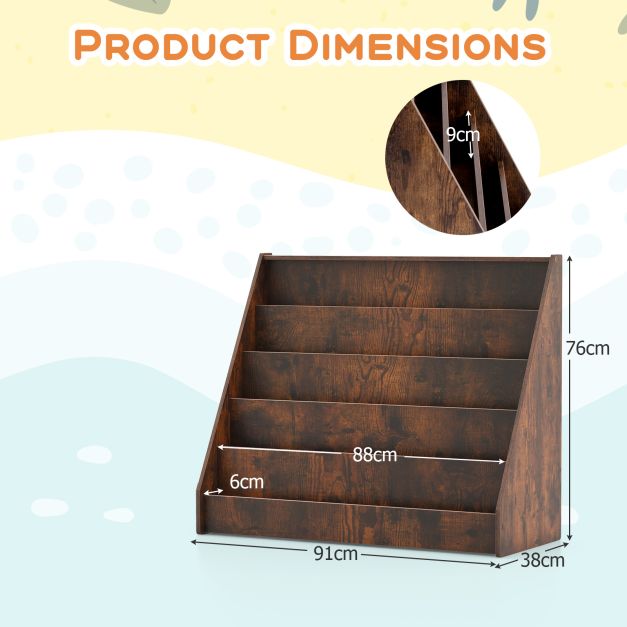 5-Tier Wooden Toddler Book Shelf Stand with Deep Compartments