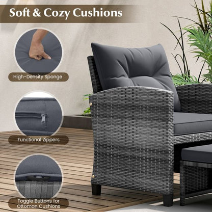 5 Piece Wicker Patio Furniture Set with 2 Cushioned Chairs and 2 Ottomans