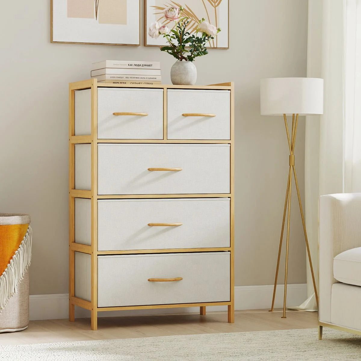 5-Drawer Bamboo Chest of Drawers Vertical Storage Tower