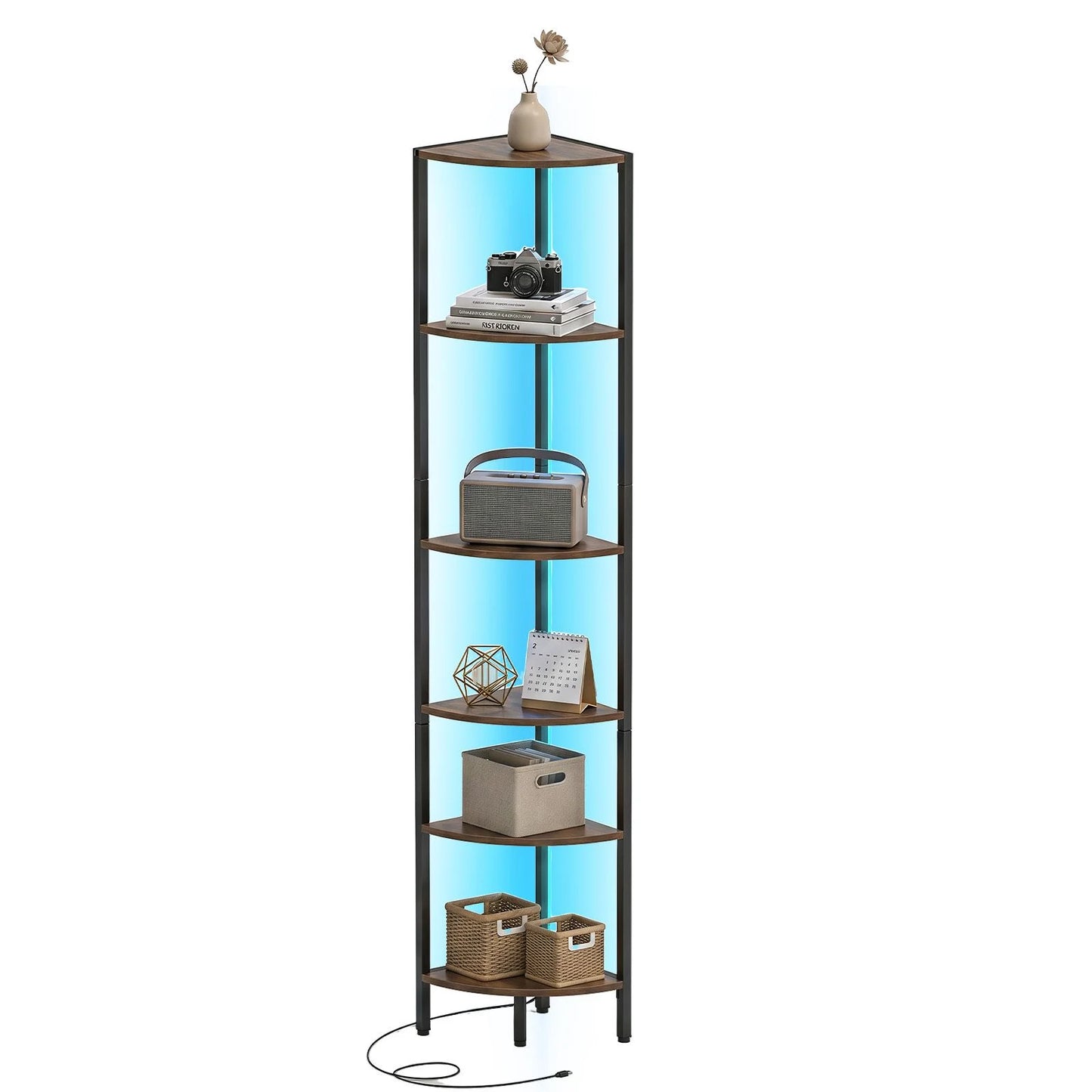 6-Tier Corner Shelf with LED Lights, 172cm Tall Bookshelf