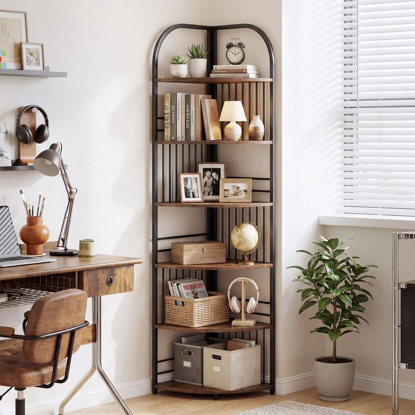 6-Tier Corner Shelf Tall Freestanding Corner Bookshelf with Heavy-duty Metal Frame