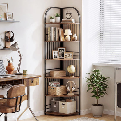 6-Tier Corner Shelf Tall Freestanding Corner Bookshelf with Heavy-duty Metal Frame