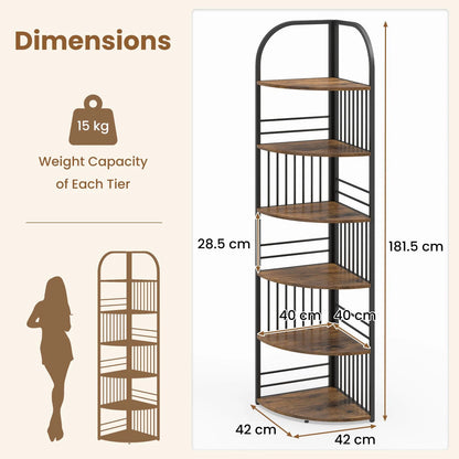 6-Tier Corner Shelf Tall Freestanding Corner Bookshelf with Heavy-duty Metal Frame