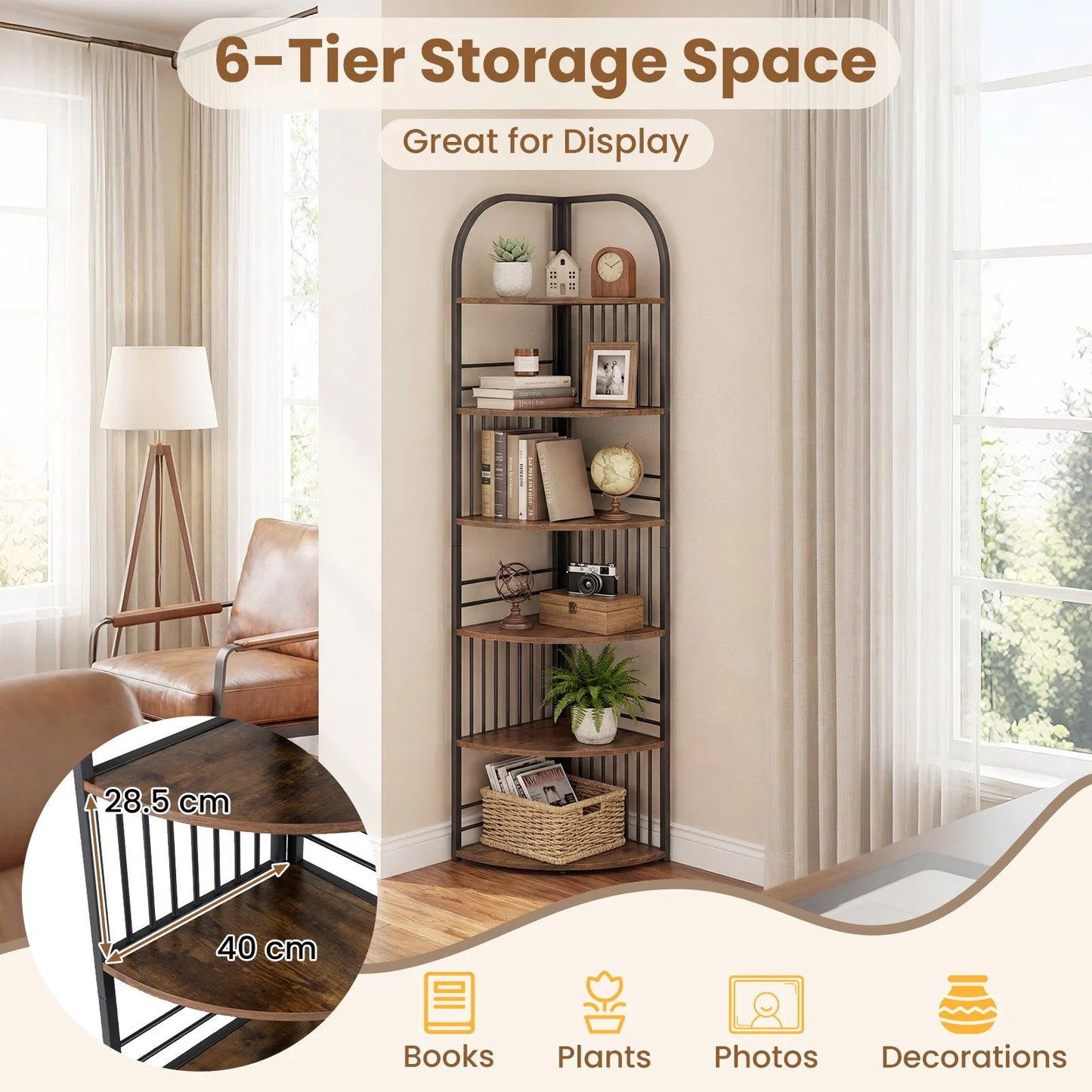6-Tier Corner Shelf Tall Freestanding Corner Bookshelf with Heavy-duty Metal Frame