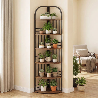 6-Tier Corner Shelf Tall Freestanding Corner Bookshelf with Heavy-duty Metal Frame