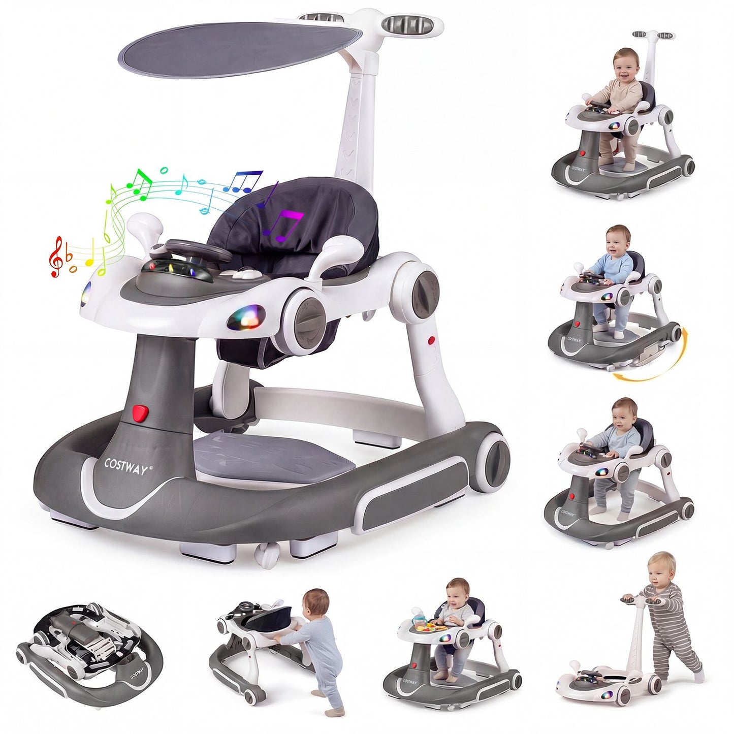 6-in-1 Baby Walker Toddler Push Car with Canopy and Wheels