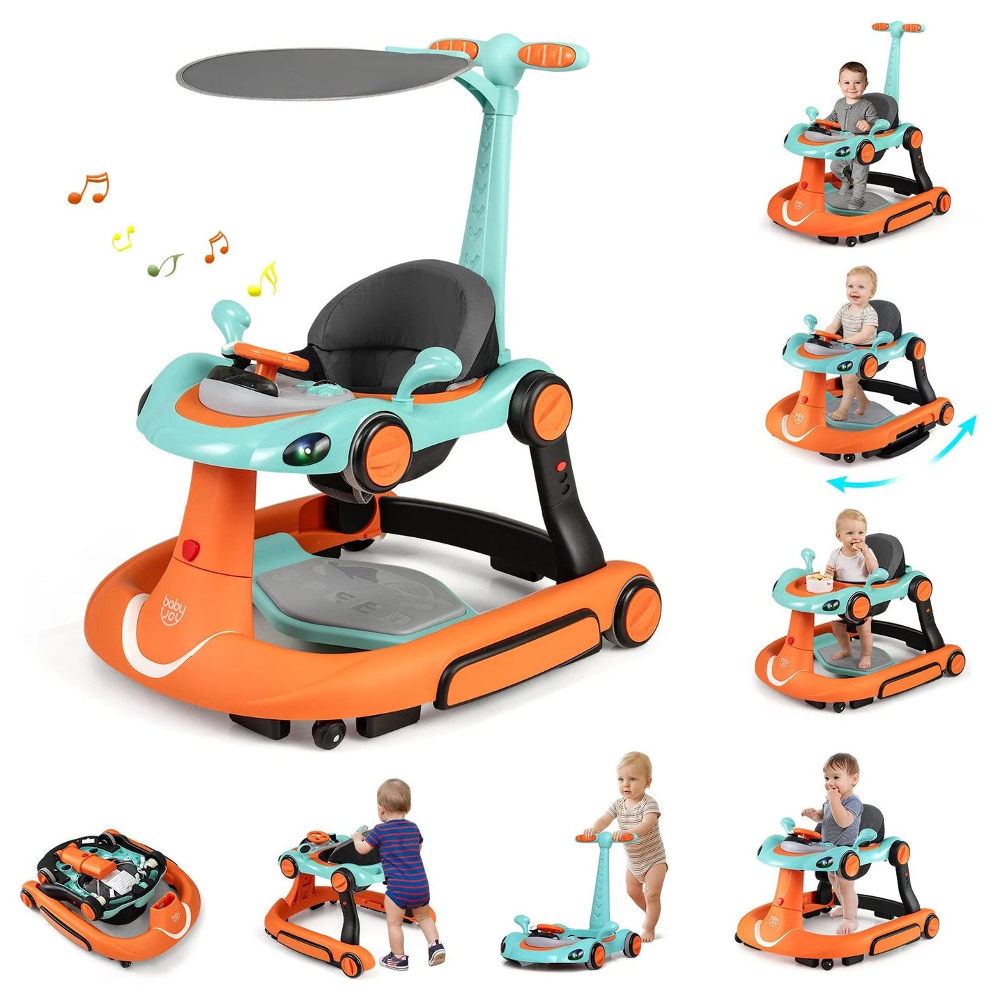 6-in-1 Baby Walker Toddler Push Car with Canopy and Wheels