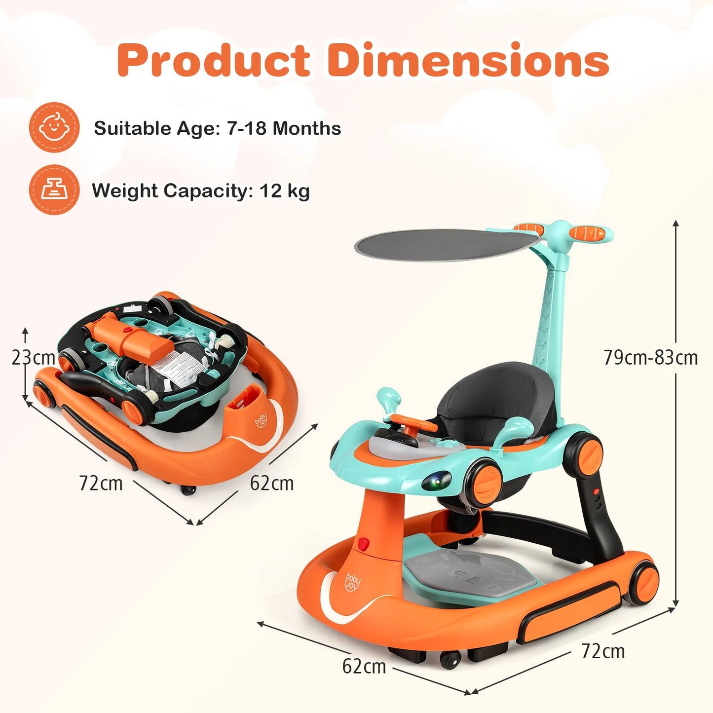 6-in-1 Baby Walker Toddler Push Car with Canopy and Wheels