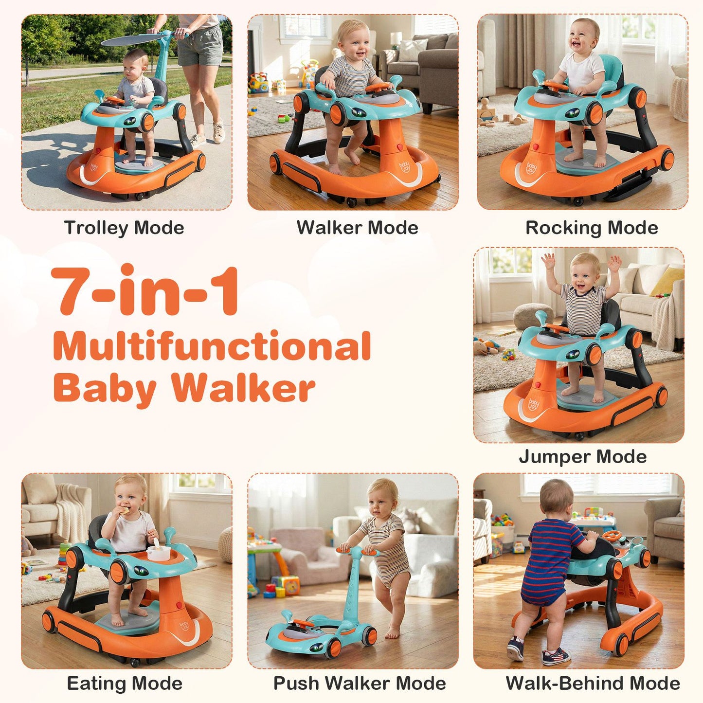 6-in-1 Baby Walker Toddler Push Car with Canopy and Wheels