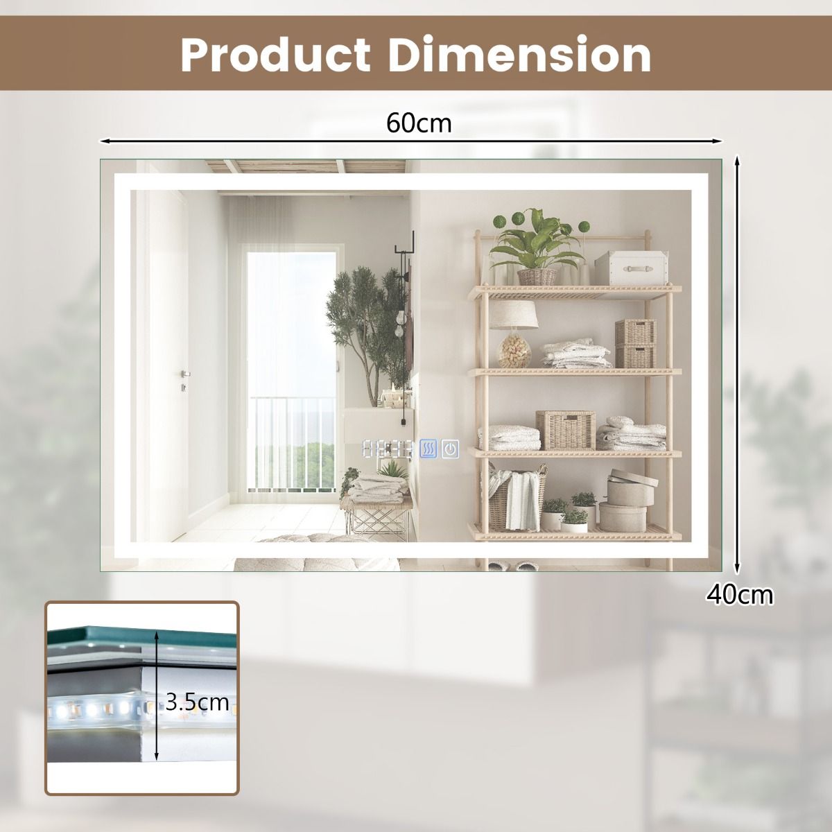 60 x 40/75 x 50 CM LED Wall Mounted Rectangle Mirror with 3-Color Dimmable Lights