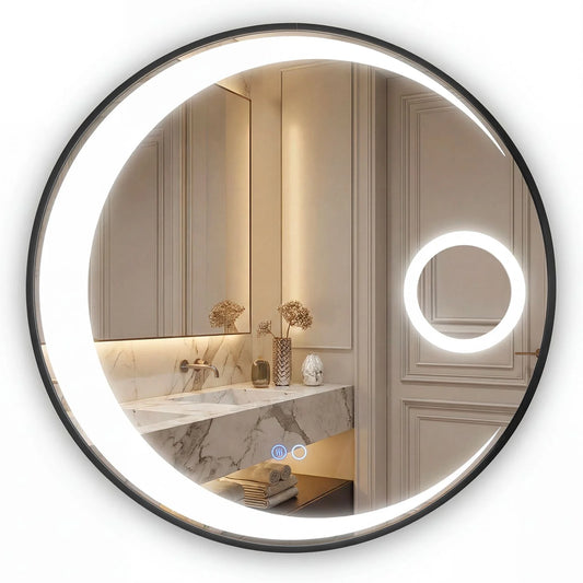 60 cm Round LED Bathroom Mirror with 3 Light Colors and Magnification Mirror
