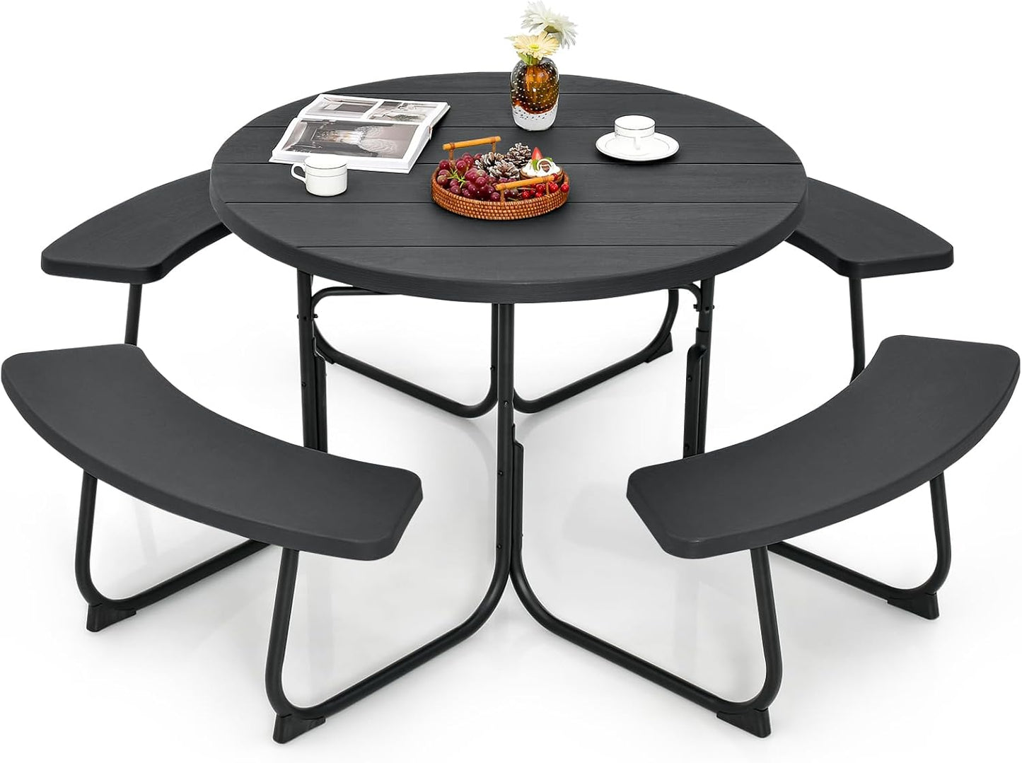 All Weather 8 Seater Picnic Table and Bench with Built-in Benches and Umbrella Hole