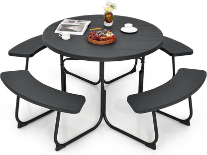 All Weather 8 Seater Picnic Table and Bench with Built-in Benches and Umbrella Hole