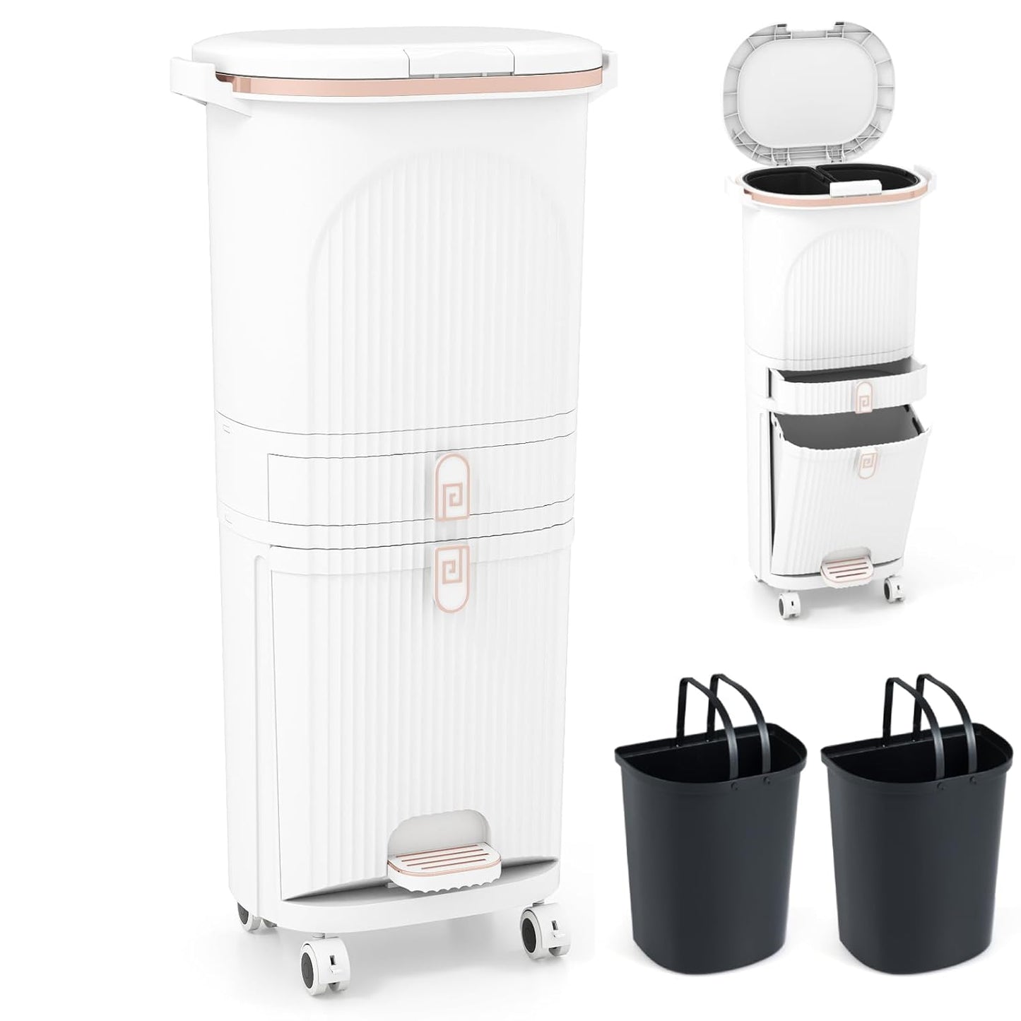 Recycling Bins, 42L Dry and Wet Separation Trash Can with 3 Compartments, Wheels, Stickers & Handl