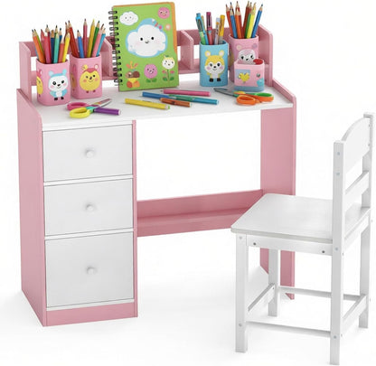 Kids Table and Chair Set, Wooden Children Desk and Chair with 3 Drawers